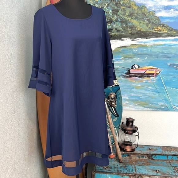 ⭐️Lightweight, Navy Blue Dress, Dress Up or Down, Lovely, Sheer Striped Hems, L - Picture 10 of 10